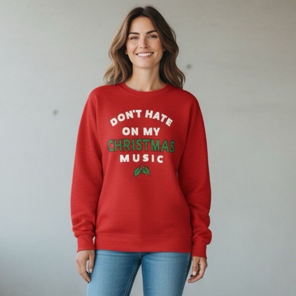 Vintage 90s y2k DON’T HATE On My CHRISTMAS MUSIC Red Jersey Sweater Sweatshirt